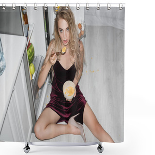 Personality  High Angle View Of Sexy Woman In Velour Dress Eating Cornflakes While Sitting On Floor In Kitchen Shower Curtains