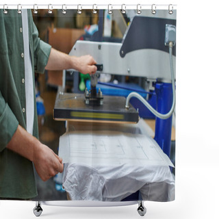 Personality  Cropped View Of Craftsman Holding Layer On T-shirt And Working With Screen Printing Machine In Blurred Workshop, Customer-focused Small Business Concept Shower Curtains