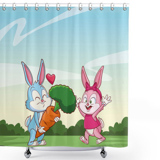 Personality  Cute Easter Bunny Happy Friends With Carrot Nature Background Bushes Shower Curtains