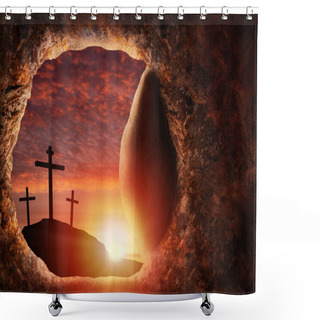 Personality  Good Friday Easter Concept Of Jesus Resurrection From The Empty Tomb In A Burial Cave With Rock Rolled Open Showing Crucifixion Crosses At Sunrise. Shower Curtains