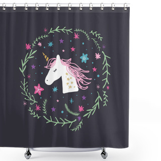 Personality  Unicorn Head Cute Art, Baby Stylish Illustration, Nursery Wallpaper. Vector And Jpg Image, Clipart. Shower Curtains