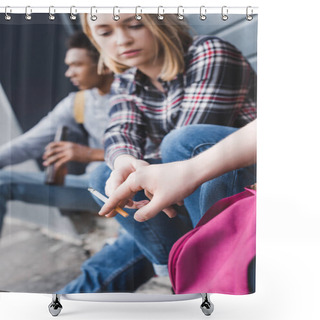 Personality  Selective Focus Of Teenagers Sitting, Drinking Beer And Holding Cigarette Shower Curtains