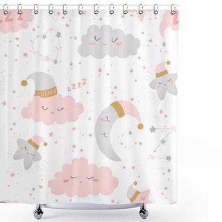 Personality  Vector Seamless Pattern With Cute Hand Drawn Cartoon Clouds, Moon And Stars Isolated On White Background. Design For Print, Fabric, Wallpaper, Card, Baby Room Decoration, Textile Shower Curtains