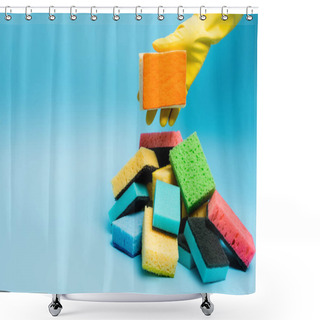 Personality  Cropped View Of Person In Yellow Rubber Glove Holding Sponge Near Sponges On Blue Background Shower Curtains