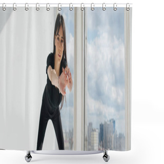 Personality  Slim Armenian Woman Doing Forward Bend Exercise Near Window And White Wall, Banner Shower Curtains