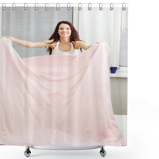 Personality  Beautiful Woman Doing The Bed At Home In The Morning. Shower Curtains