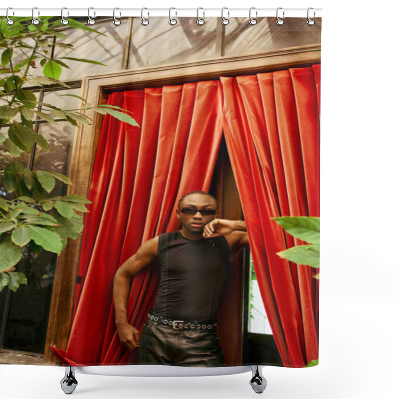 Personality  A Sophisticated African American Man Stands Confidently In Front Of A Red Curtain. Shower Curtains