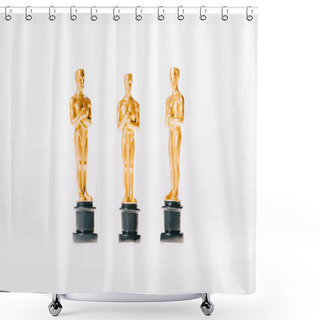 Personality  KYIV, UKRAINE - JANUARY 10, 2019: Shiny Golden Oscar Statuettes Isolated On White Shower Curtains