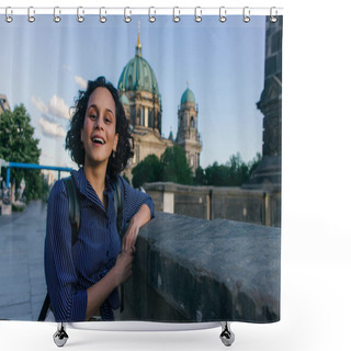Personality  BERLIN, GERMANY - JULY 14, 2020: Amazed Young Woman Near Blurred Berlin Cathedral Shower Curtains