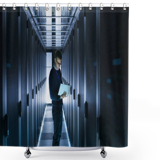 Personality  Male IT Engineer Works On A Laptop In Front Of Server Cabinet At Shower Curtains