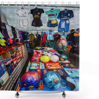 Personality  Street Market Outlet On Rambla Nova In Tarragona Selling Football Merchandise Including Barcelona Football Club Jerseys Shower Curtains