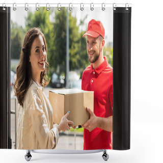 Personality  Cheerful Woman Smiling Near Happy Delivery Man With Box  Shower Curtains