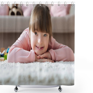 Personality  Smiling Kid With Down Syndrome Lying On Floor Shower Curtains