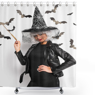 Personality  Attractive Woman In Witch Hat And Wig Holding Magic Wand In Halloween Shower Curtains