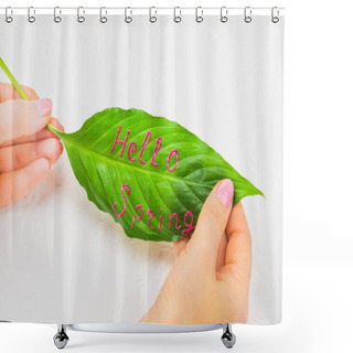 Personality  Leaf Flower Spathiphyllium Close-up, With A Beautiful Signature Hello Spring In The Hands Of A Girl, On A Light Background. Spring Concept Of Greeting In All Shower Curtains