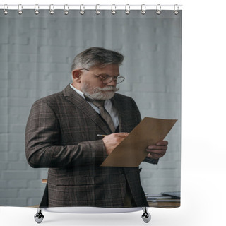 Personality  Senior Man In Tweed Suit Writing Letter In Front Of White Brick Wall Shower Curtains