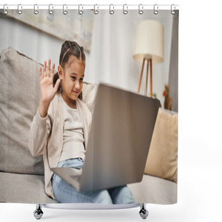 Personality  Happy Elementary Age Girl Sitting On Sofa And Waving Hand At Laptop In Living Room, Online Lesson Shower Curtains