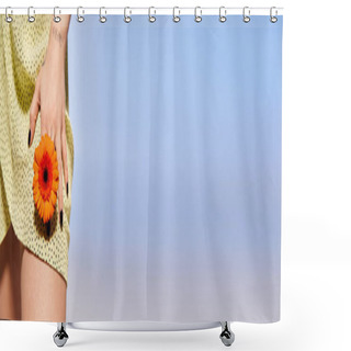 Personality  Woman Delicately Holds A Vibrant Flower In Her Hand In A Studio Setting, Showcasing Natural Beauty. Shower Curtains
