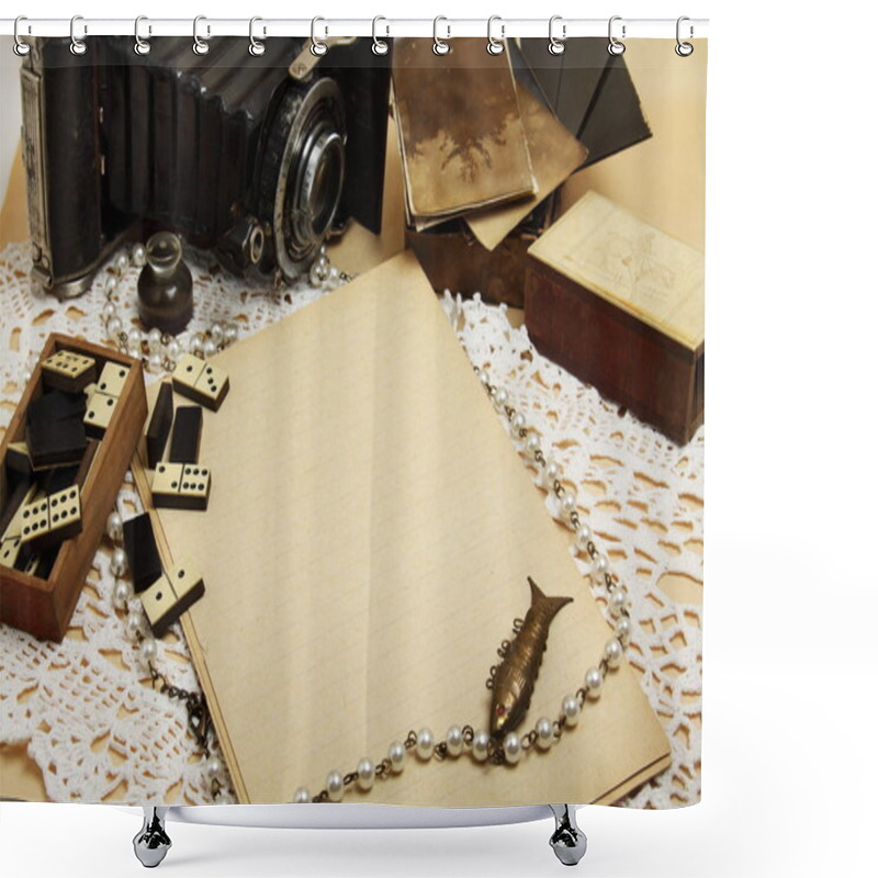 Personality  Empty Sheet, Retro Camera, Antique Domino And Jewelry Shower Curtains