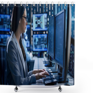 Personality  Female Engineer Controller Observes Working Of The System. In Th Shower Curtains