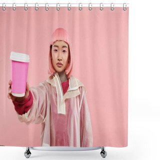 Personality  Beautiful Asian Woman With Pink Hair Holding Out Cup Of Coffee Against Vibrant Background Shower Curtains