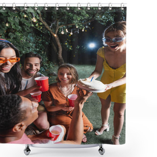 Personality  Woman Holding Birthday Cake Near Interracial Friends With Plastic Cups Outdoors  Shower Curtains
