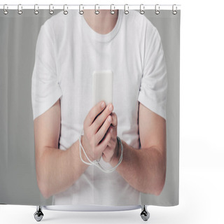 Personality  Partial View Of Young Man With Usb Cable Around Hands Using Smartphone Isolated On Grey Shower Curtains