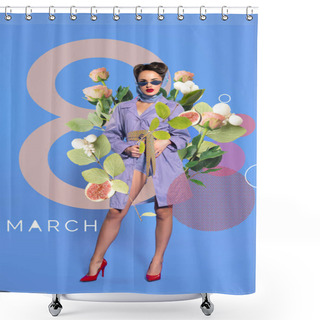 Personality  8th March Greeting Card With Fashionable Woman In Retro Clothing And Sunglasses With Flowers Shower Curtains