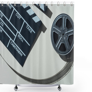 Personality  Top View Of Clapperboard And Film Reel With Cinema Tape On Grey Background Shower Curtains