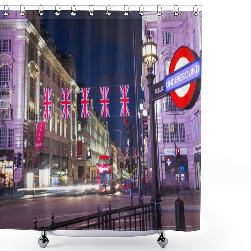 Personality  United Kingdom, England, London - 2016 June 17: Popular Tourist Picadilly Circus With Flags Union Jack In Night Lights Illumination Shower Curtains