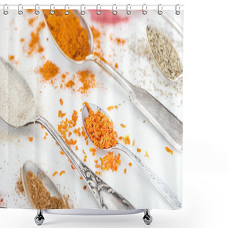 Personality  Close Up View Of Various Bright Spices In Silver Vintage Spoons On White Background Shower Curtains