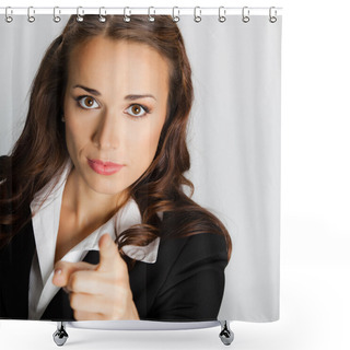 Personality  Serious Business Woman Pointing Finger At Viewer, Over Grey Shower Curtains