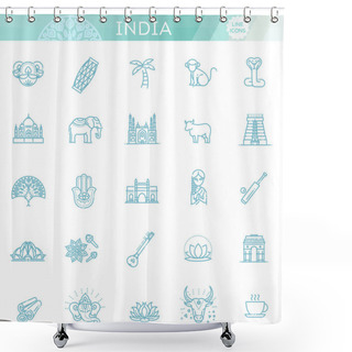 Personality  India Icons Set. Indian Attractions, Line Design. Tourism In India, Isolated Vector Illustration. Traditional Symbols. Shower Curtains