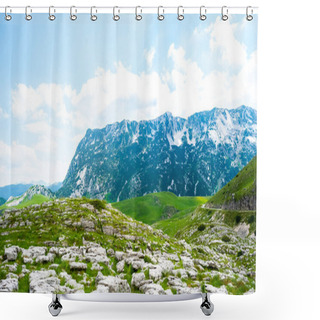 Personality  Panoramic View Of Green Valley With Stones In Durmitor Massif, Montenegro Shower Curtains