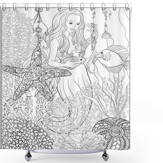 Personality  Hand Drawn Mermaid With Gold Fish In Underwater World. Linen Col Shower Curtains