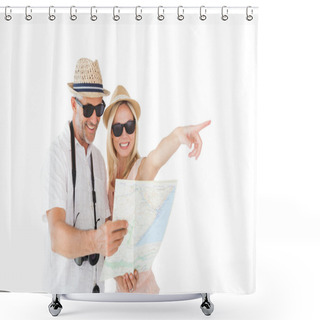 Personality  Happy Tourist Couple Using Map And Pointing Shower Curtains