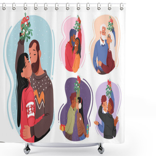 Personality  Set Of Lovers Meet Under Mistletoe, Their Eyes Lock, And They Share A Tender Kiss, Surrounded By The Magic Of Holiday Season. Kissing Male Female Couple Characters. Cartoon People Vector Illustration Shower Curtains