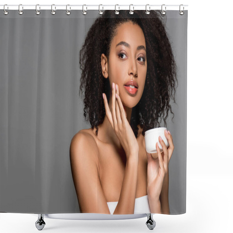 Personality  attractive african american girl applying face cream, isolated on grey shower curtains