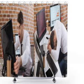Personality  Collage Of Crazy Businessman Holding Computer Monitor And Sitting Near Coffee To Go And Devices In Office, Banner  Shower Curtains