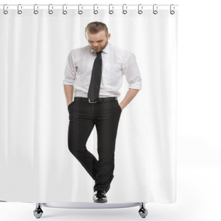 Personality  A Young Man With A Beard In His Daily Shirt Stands Tall And Holds His Hands In His Trouser Pockets, Isolated On A White Background. Shower Curtains