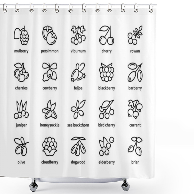 Personality  Berry Simple Set Of Vector Linear Icons. Symbol Of Healthy And Natural Food. Mulberry Persimmon Viburnum Cherry Rowan Cowberry And More. Isolated Collection Of Berries Icons On White Background. Shower Curtains