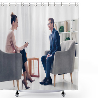 Personality  Side View Of Handsome Smiling Businessman Giving Interview To Beautiful Journalist At Workspace Shower Curtains
