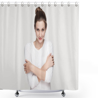 Personality  Attractive Beautiful Freckles Woman Embrace Himself And Looking At Camera. Studio Shot, Isolated On Gray Background Shower Curtains