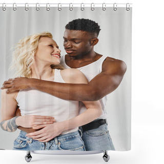Personality  A Man And A Woman, A Young Multicultural Couple, Embracing Each Other In A Warm Gesture Of Love On A Grey Studio Background. Shower Curtains