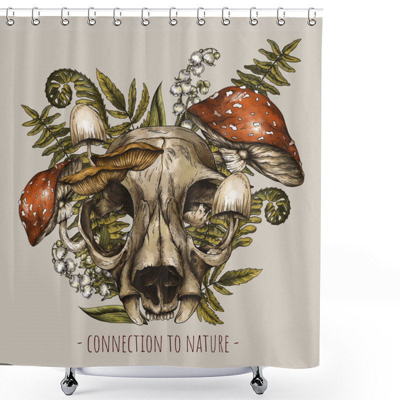 Personality  Vintage Animal Skull Greeting Card, Amanita Mushroom, Fern And Forest Flowers Shower Curtains