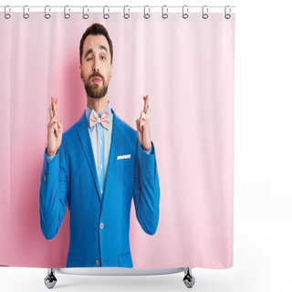 Personality  Bearded Man In Suit With Crossed Fingers Winking Eye On Pink  Shower Curtains