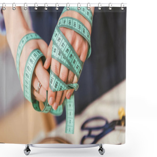 Personality  Cropped Image Of Seamstress Hands Winded Up With Tape Measure Shower Curtains