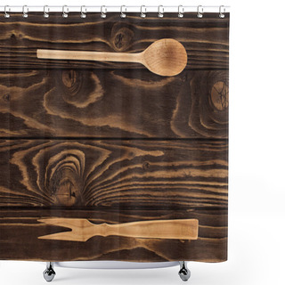 Personality  Elevated View Of Wooden Fork For Meat And Spoon On Table  Shower Curtains