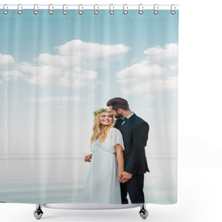 Personality  Wedding Couple In Suit And White Dress Holding Hands And Looking At Each Other On Beach Shower Curtains