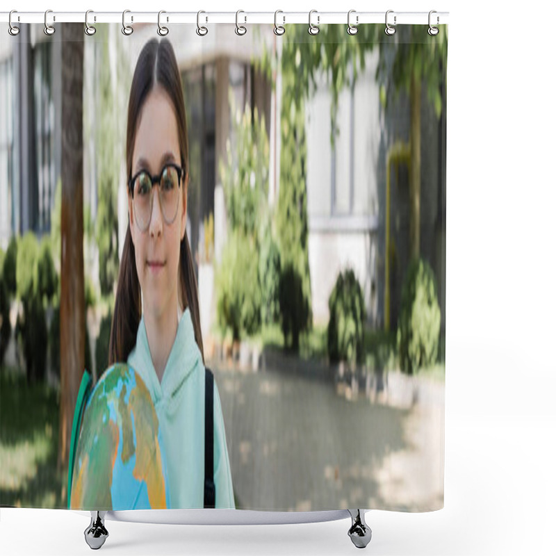 Personality  Preteen Schoolchild In Eyeglasses Holding Globe And Looking At Camera Outdoors, Banner  Shower Curtains